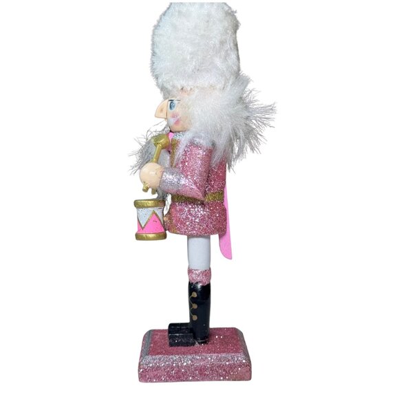 Nutcracker Pink Gold Drummer White Fur Hat Glitter Accents Ornament 5 1/2" - Picture 2 of 4